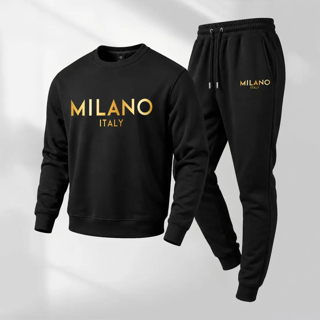 Men's Golden Milano Graphic Crewneck Sweatshirt and Jogger Pants Set, Casual Long Sleeve Pullover with Drawstring Sweatpants, Fall Winter Tracksuit for Daily Wear, Travel, Lounge, Workout and Indoor Outdoor Activities