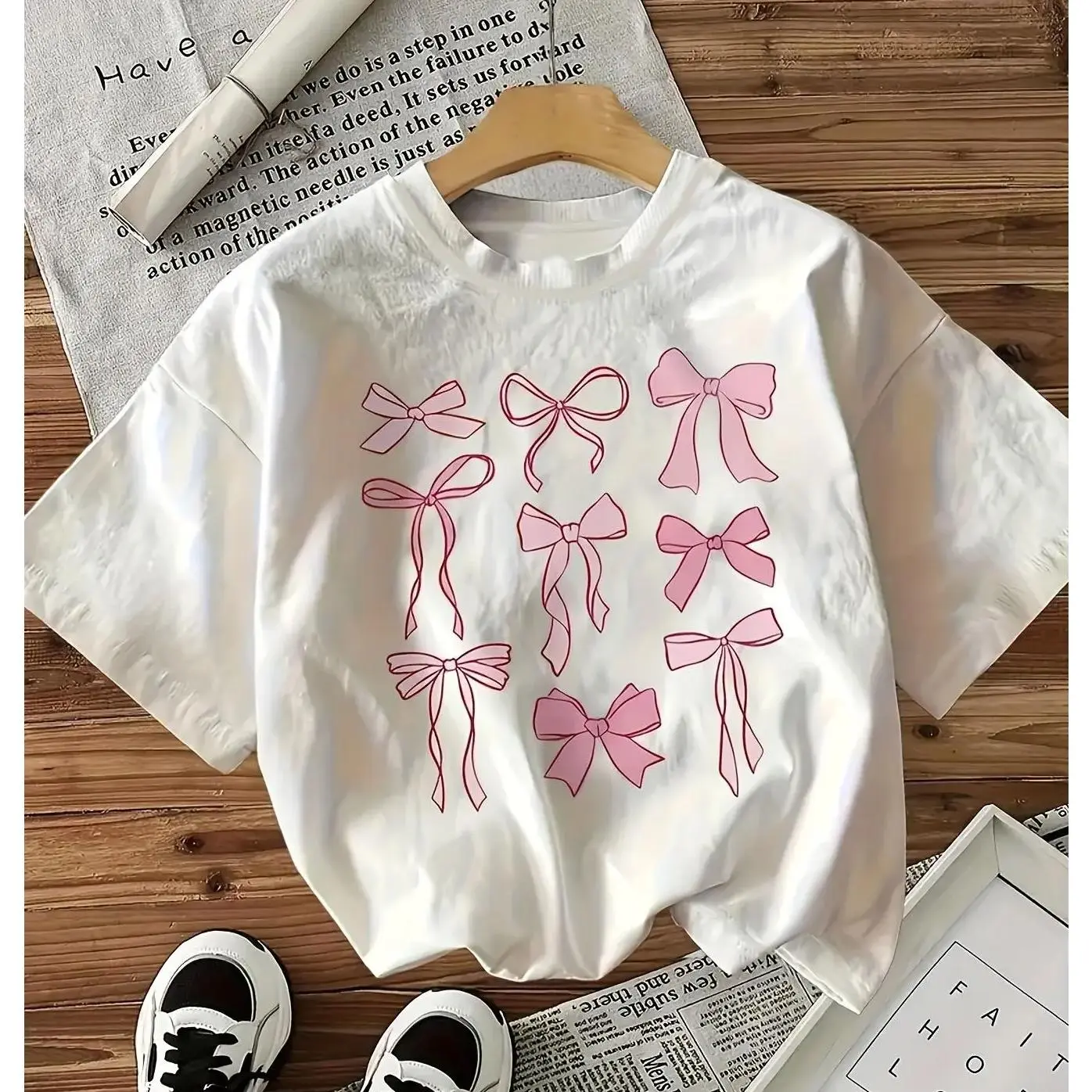 Women's Casual Short-Sleeve Round Neck Sports Top, Pink Bow Pattern, Soft Breathable Fabric, Machine Washable All-Season Blouse, Shortsleeve, Tops