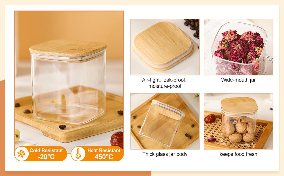 4-Pack Glass Storage Square Jars with Bamboo Lids Single 24 fl oz/720ml,Glass Canister Set, Airtight Containers for Kitchen Dry Goods, Coffee, Tea, Sugar,Flour ,Candy, Cookie, Spice