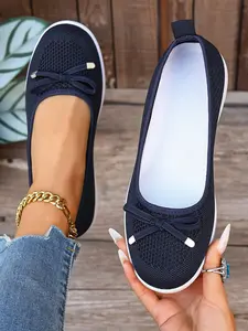 Women's Ventilated Hollow Mesh Slip On Flat Trainers, Soft Flexible Non-Slip Wavy Thick Sole Bow Decor Mary Janes, All Day Comfort Walking Shoes for Long Time Standing & Daily Errands