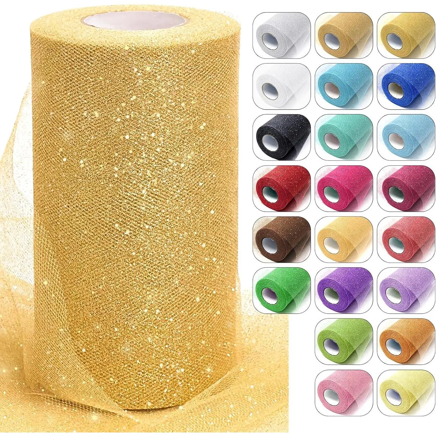 Gold Glitter Tulle Fabric Rolls 6 Inch x 50 Yards Sparkling Sequin Netting Ribbon for DIY Tutu Skirt Wedding Christmas Party Decor Gift Wrapping Bow Craft Supplies