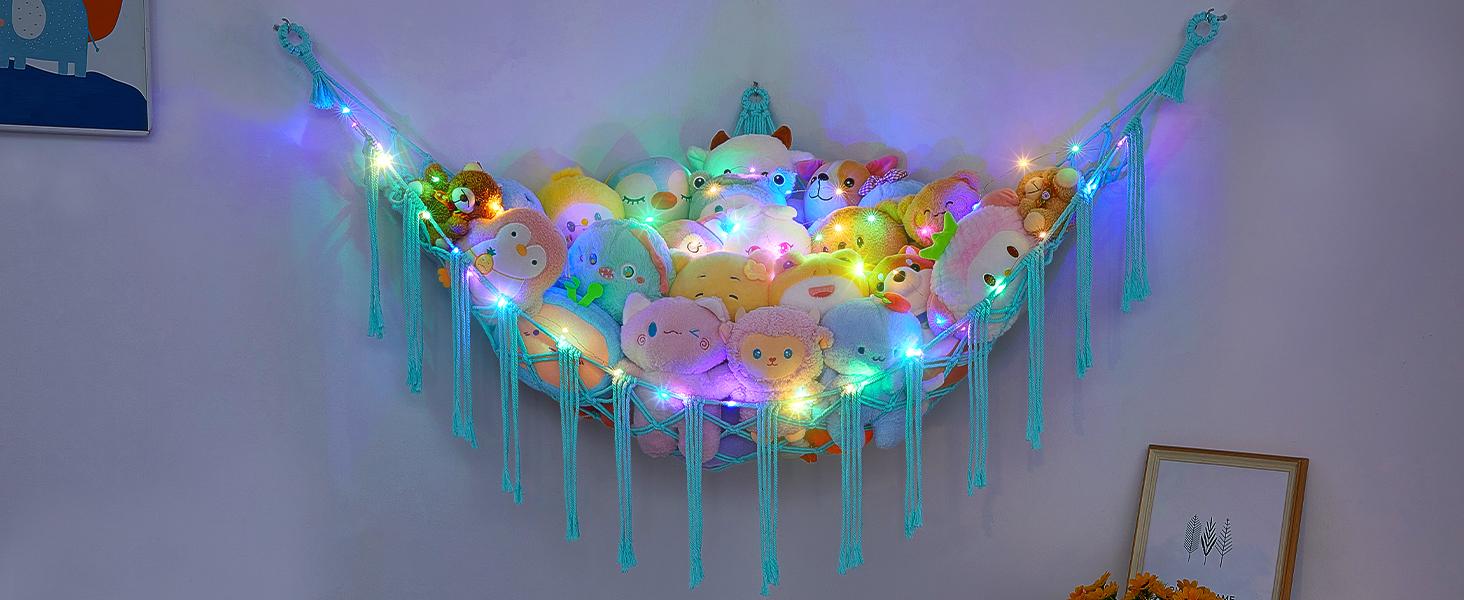 Stuffed Animals Net or Hammock with LED Light, Hanging Stuffed Animals Storage Toy Hammock Net Corner Wall Girls Room Decor Toy Storage Organizer, Purple,