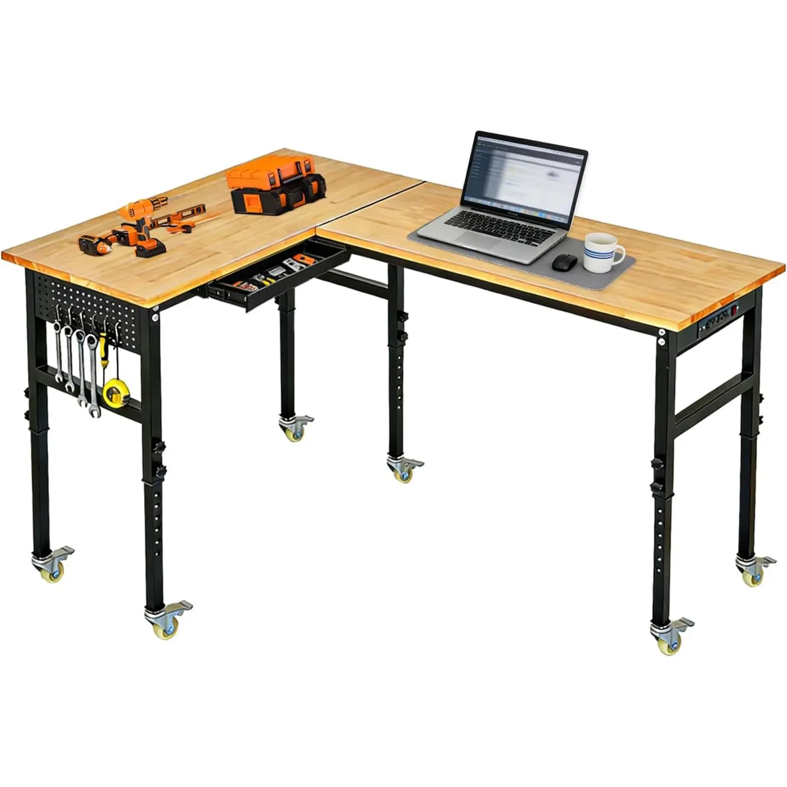Heavy Duty 108" l-Shaped Adjustable Workbench with Wheels, 2000 Lbs Capacity, Power Outlet, Drawers, Pegboard, Rubber Wood Top – Mobile Tool Table for Garage, Workshop, or Home Office