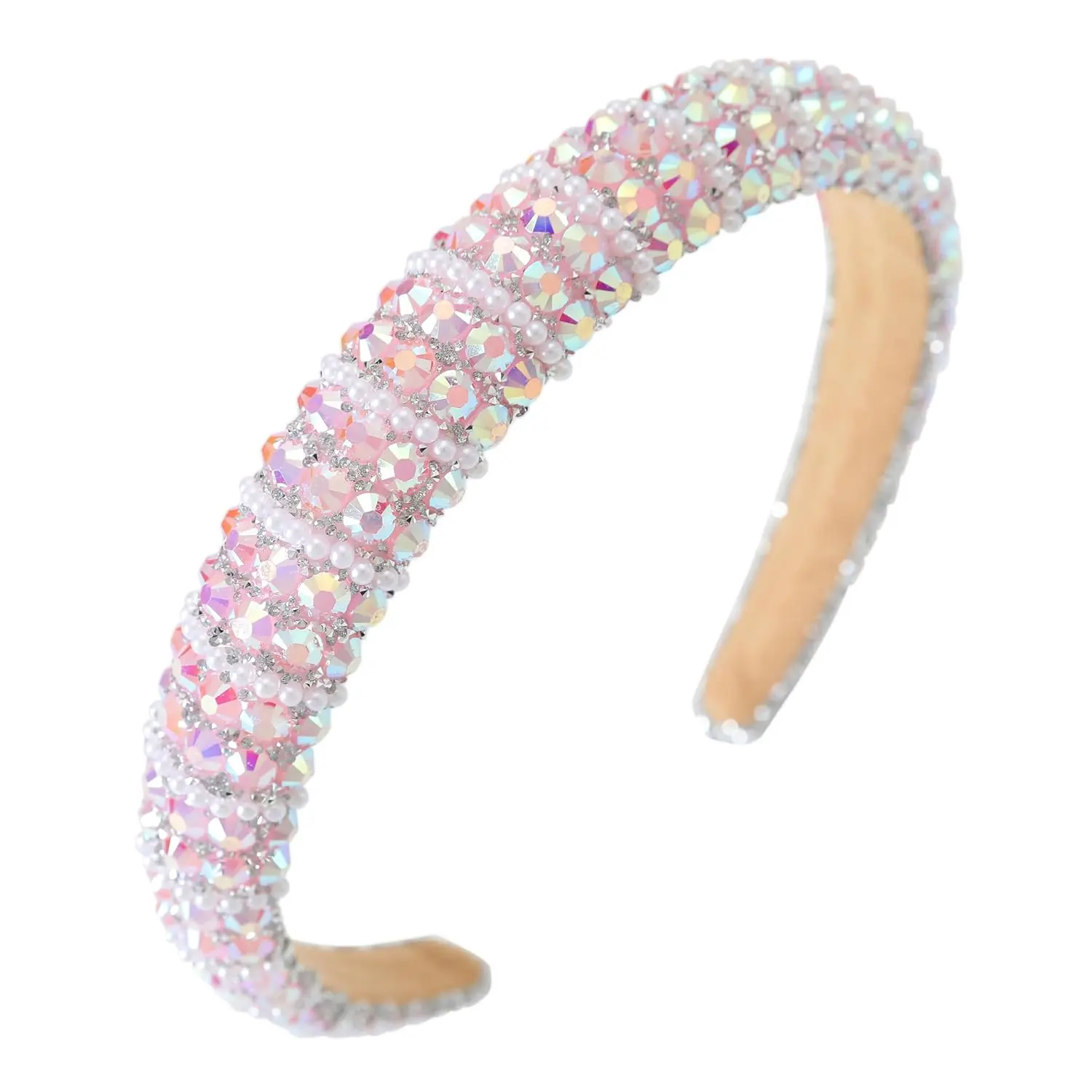 Female Thick Padded Rhinestone Headband - Bling Sparkle Beaded Crystal, Non-Slip Glitter Hair Hoop Accessory (A-Light Pink)