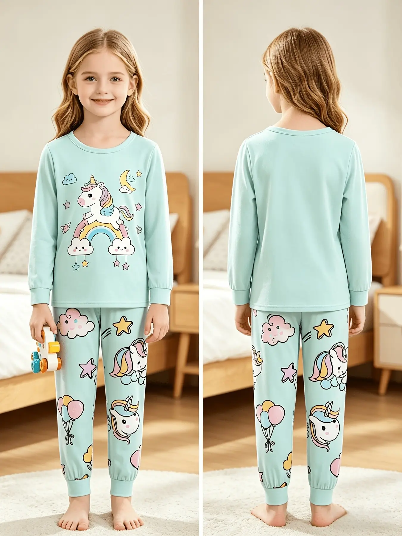 Cartoon Unicorn Pajama Set, Boys Girls Spring Fall Home Wear, Baby Long Sleeve Pants Sleepwear, Cute Loose-Fitting Graphic Suit