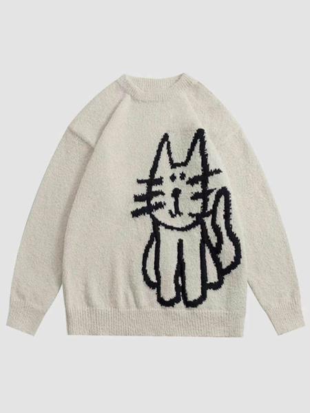 Autumn Winter New Cartoon Cat Pattern Long Sleeve Sweater Women's Small Design Retro Loose Knitted Shirt Lazy Style Round Neck Top