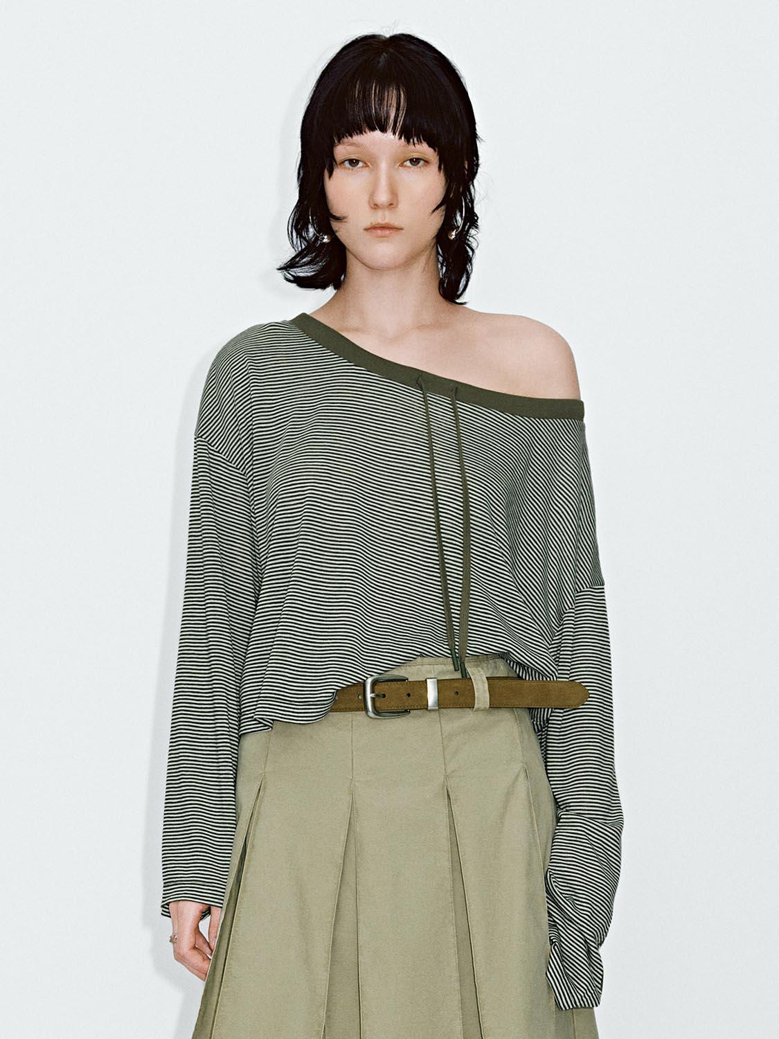 URBAN REVIVO 2026 Summer Women's Trendy Color-Block Stripe Panel Drawstring Tie Lyocell T-Shirt UYV460067