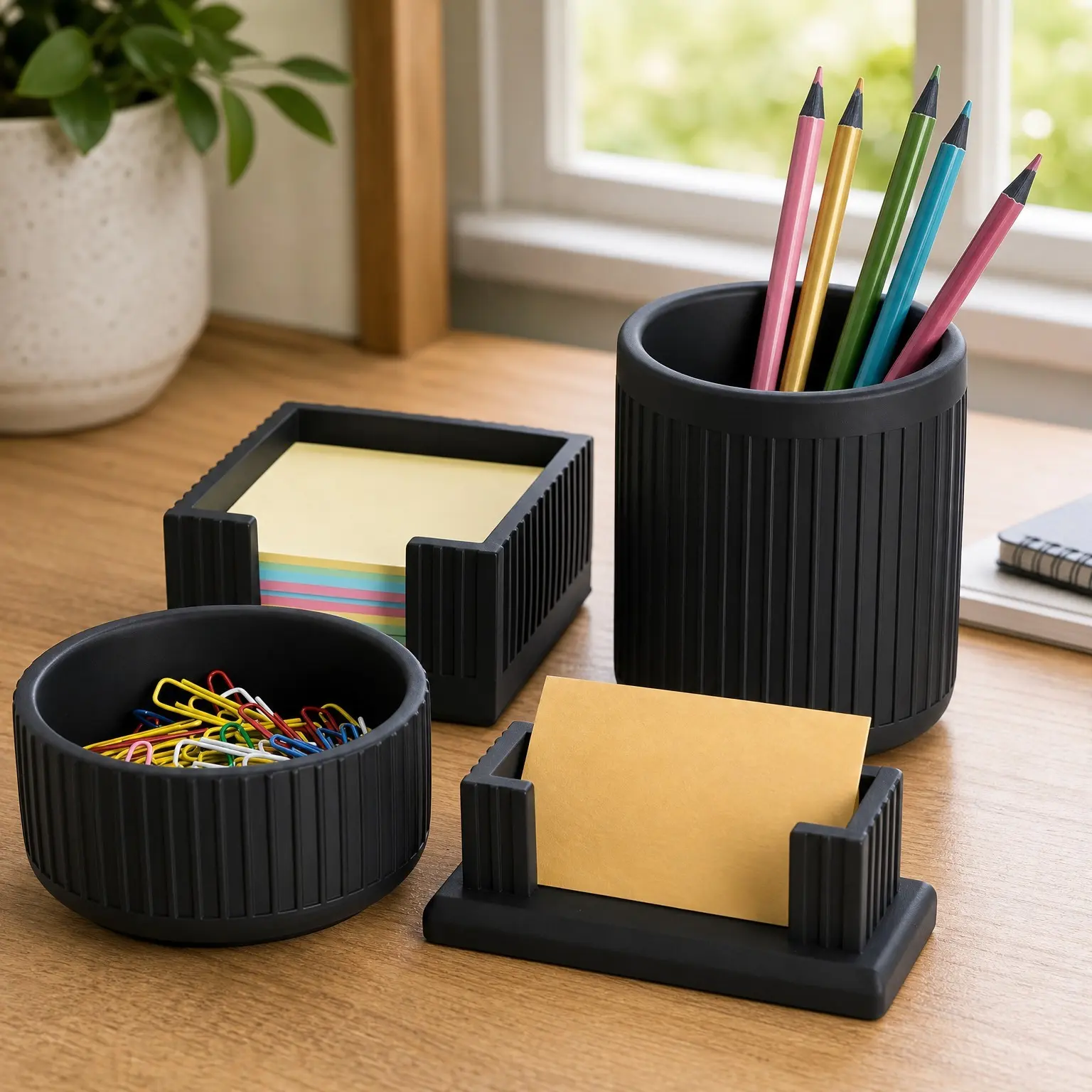 Set of 4 Concrete Office Desk Accessories for Men - Modern Industrial Decor | Aesthetic Desk Organizers for Pen, Business Card, Sticky Note & Paper Clip HoldersGift