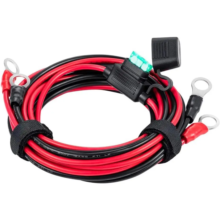 Heavy-Duty 12V/24V Automotive Battery Boost Cable, 10Ft 12AWG Cord, 3/8" Ring Eyelet Terminal, 30A Fuse for Vehicle Power Transfer