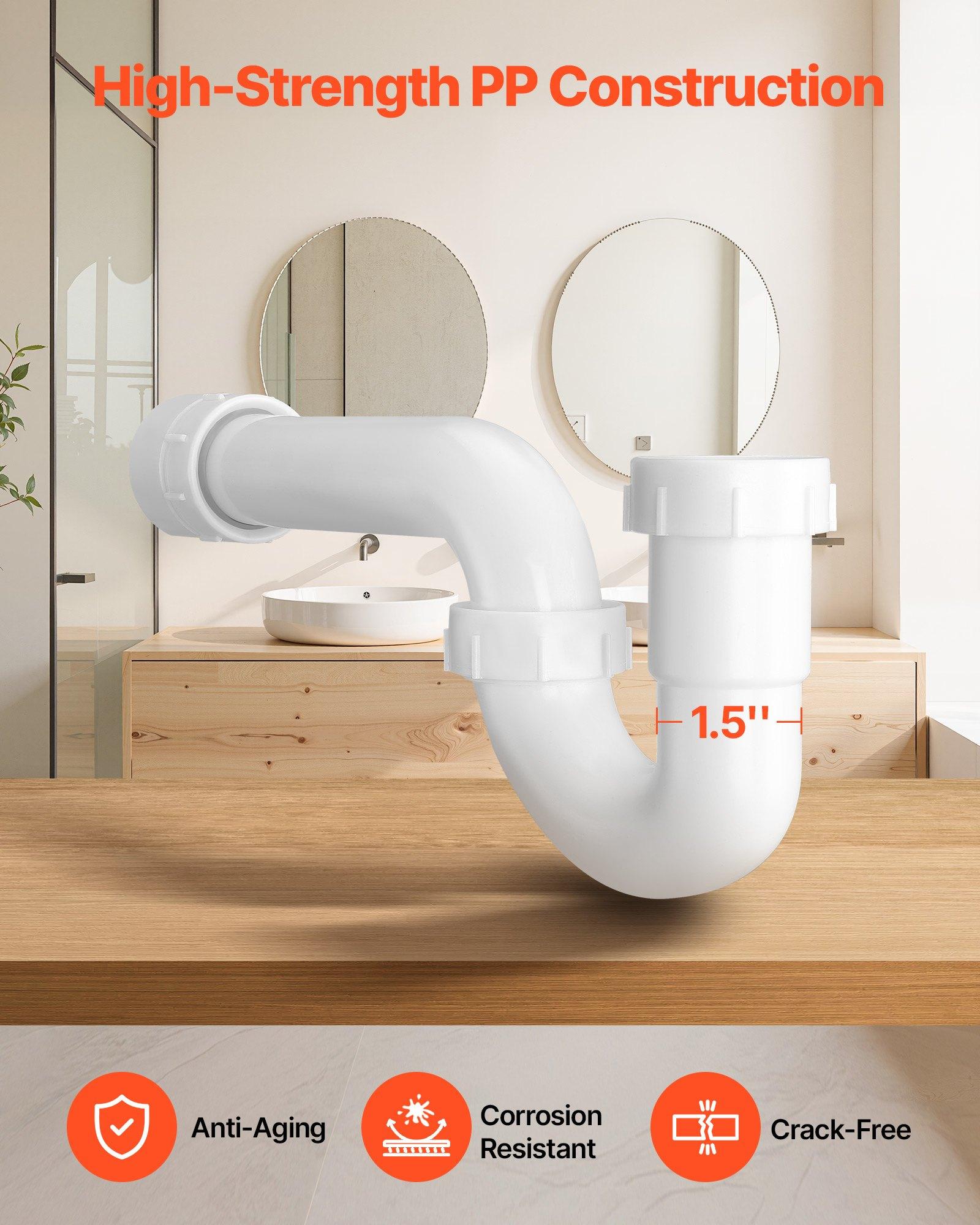 VEVOR P-Trap, 1-1/2 Inch P Trap Sink Drain Pipe Kit with Threaded Adapter and TPU Leak-Resistant Washers, PP Plastic Pipe Basin Waste Kit, Under Sink Plumbing for Kitchen Bathroom Sewer Drain, White