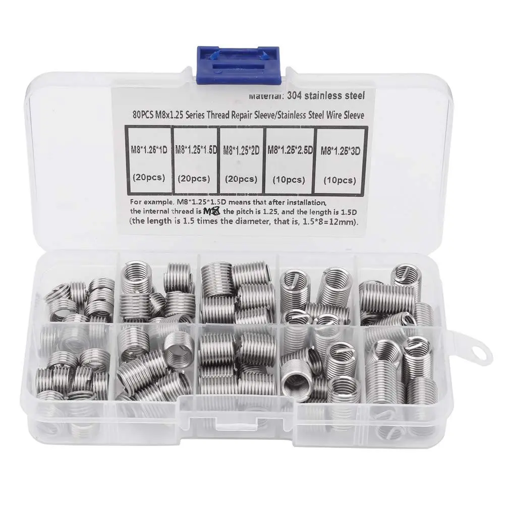 M8x1.25 Threaded Inserts (80-Count, M8 Series Stainless Steel Threaded Sleeves) for Hole Repair, with Storage Box