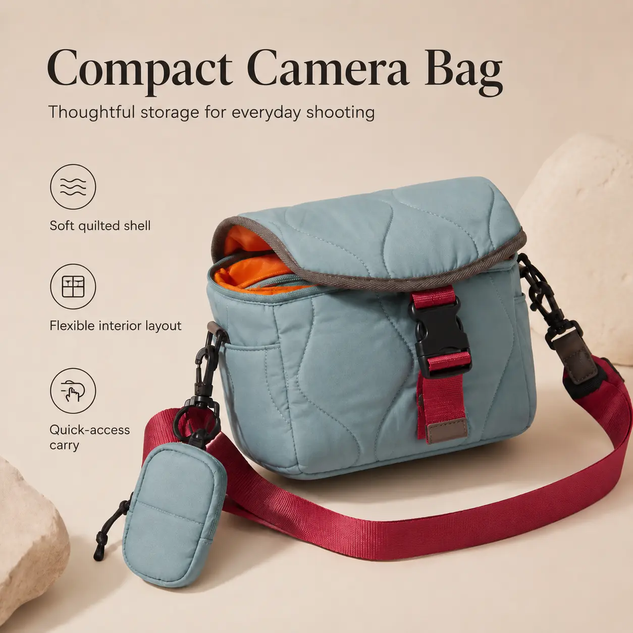 Compact Camera Bag for DSLR & Mirrorless Cameras Crossbody Shoulder Bag Quilted Photography Sling Bag with Adjustable Divider Quick Access Pocket Detachable Pouch Tripod Strap Lightweight Travel Camera Organizer