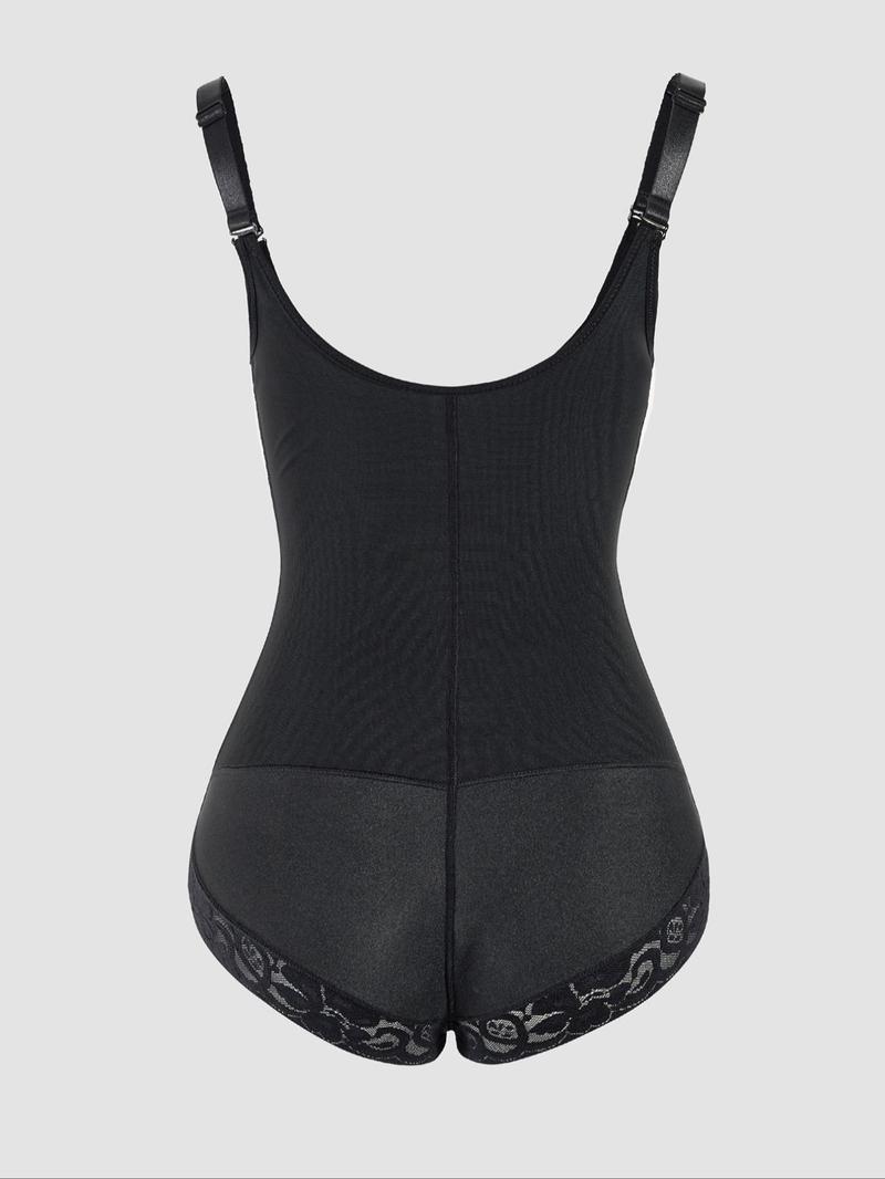 Women's Solid Color Lace Trim Zip Up Bodysuit, Casual Comfortable Breathable Adjustable Strap Open Crotch Tummy Control Butt Lifting Bodysuit, Women's Shapewear for Daily Wear, Post Surgery Bodysuit