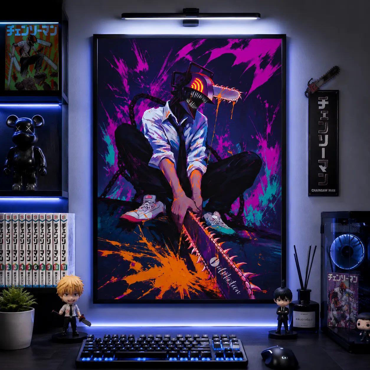 Cyberpunk chainsaw warrior wall art poster neon futuristic aesthetic character print bold street style explosive color splash gaming room bedroom office decor edgy modern action inspired visual artwork motivation vibe