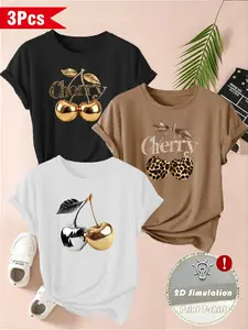 Value Pack Women's Round Neck Short Sleeve T-Shirts, Cherry Print Design, Casual Comfortable Top, Breathable Fabric, All Seasons