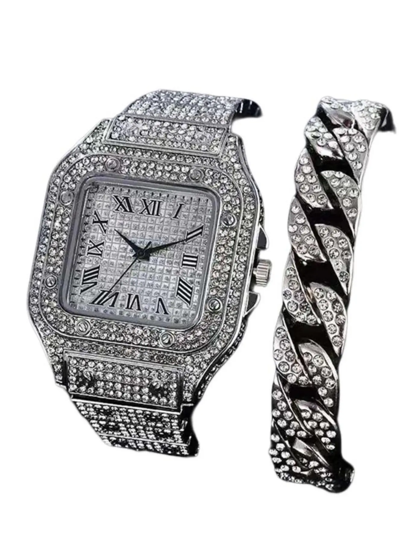 1-piece men's rhinestone-embellished square-pointer quartz watch, fashionable quartz watch with bracelet set, suitable as a gift or for daily wear