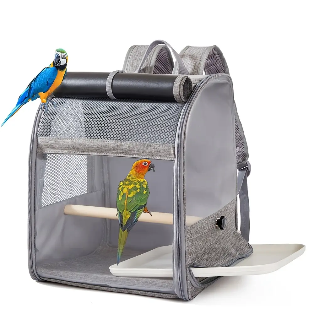 Gray Bird Carrier Backpack for Small Pets - Large Space, Breathable, Panoramic Design, Dual-Use with 2 Types of Mats & Roll-Up Curtain - Fits Birds, Rabbits, Dual-Use Mats