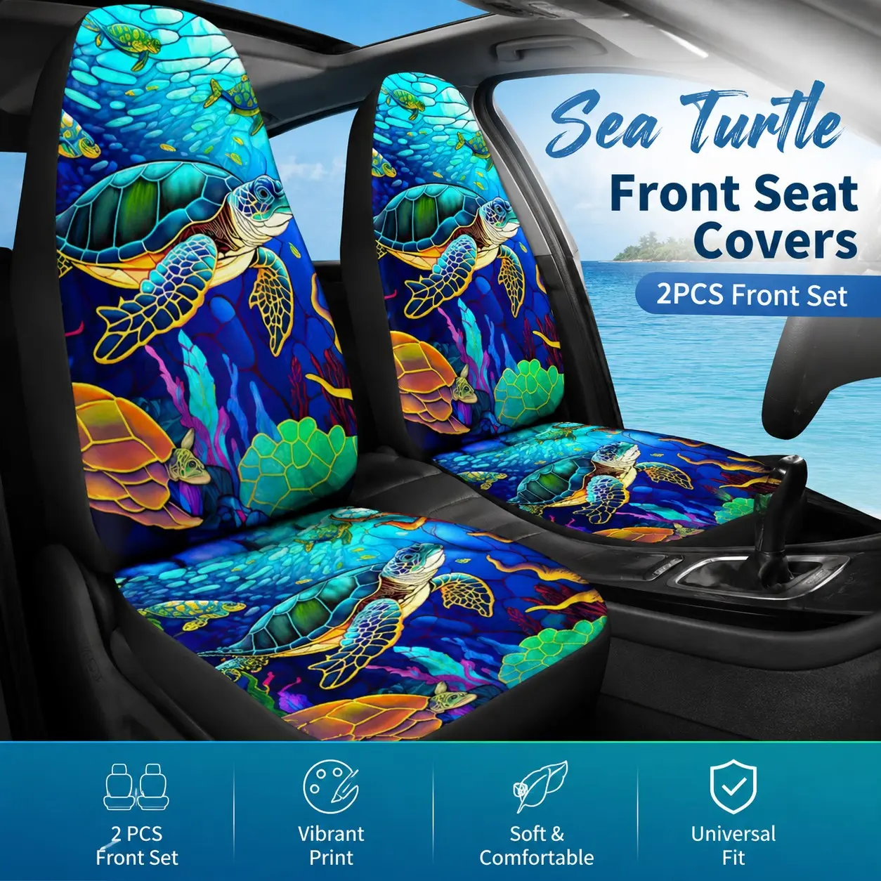 2pcs Sea Turtle Front Car Seat Covers, Universal Fit Stretch Fabric, Ocean Animal Print, Auto Seat Protector, Car Seat Protectors for Sedans Suvs Trucks, Car Accessories