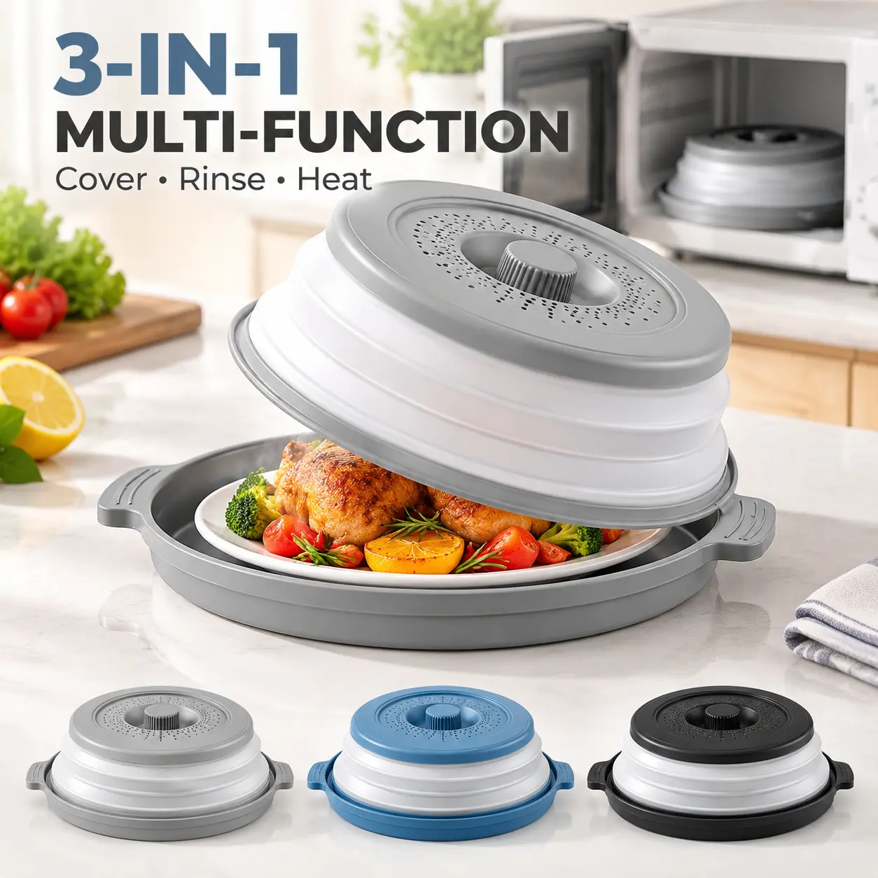 10.56-Inch Clear BPA-Free Kitchen Utensil Food Lid(Steaming tray + steaming lid), Collapsible Vented Plate Guard, Anti-Splash Microwave Accessory, Dishwasher Safe, Space-Saving, Utensils-YY2