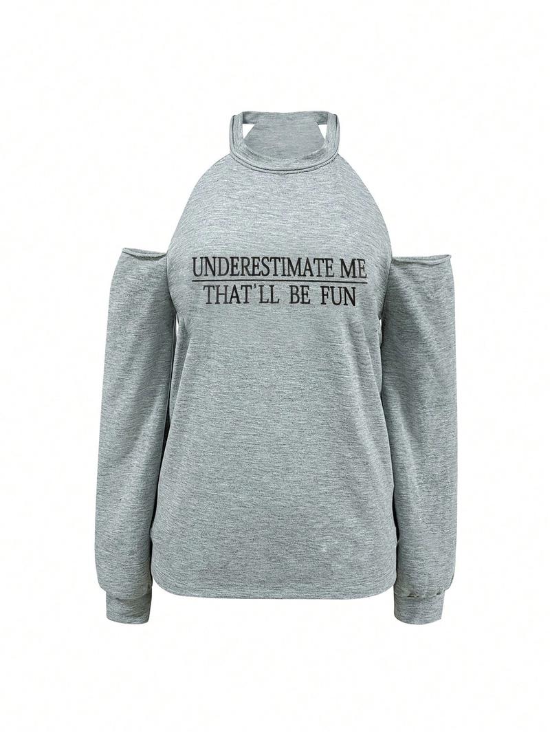 Women's Letter Print Cold Shoulder Tee, Casual Long Sleeve T-shirt for Daily Wear, Ladies Clothes for All Seasons