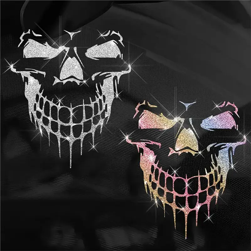 2 Pcs Reflective Skull Car Decal, Gothic Vinyl Sticker, Sparkle Skull Vehicle Sticker for Cars, Trucks and Motorcycles
