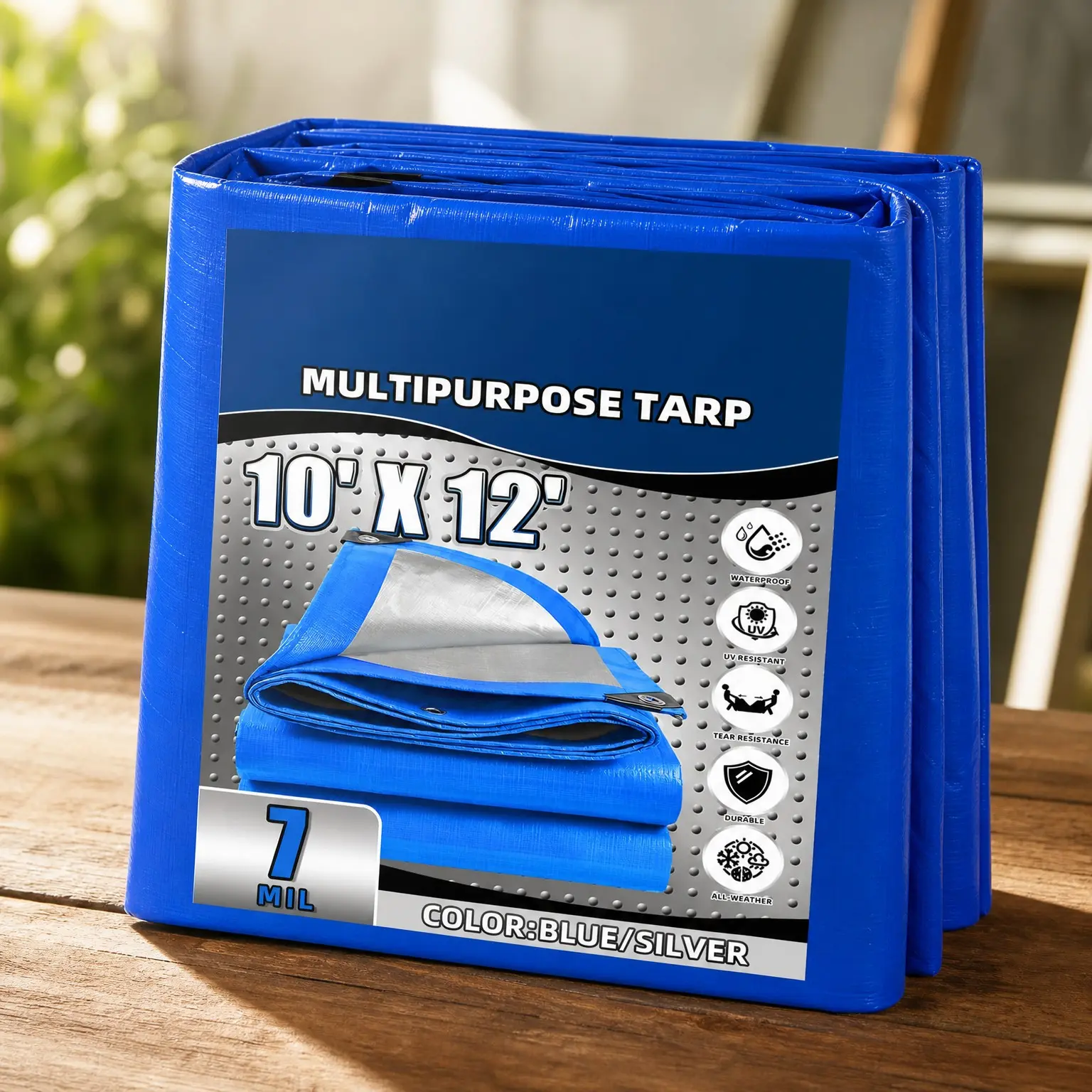 10x12 Ft Heavy Duty Waterproof Poly Tarp Cover, 7 Mil Thick, UV Resistant, Rip & Tear Proof, Metal Grommets Every 20 Inches, Blue/SilverGift