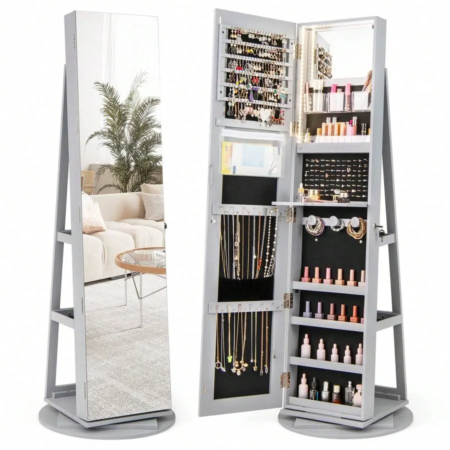 360° Rotating Mirrored Jewelry Cabinet Armoire 3 Color LED Modes Lockable Gray,chabuildreark,farmhouse,coffee bar cabinet,storage,,drawer,dresser,,unit,,,tower,,cabinets,bathroom