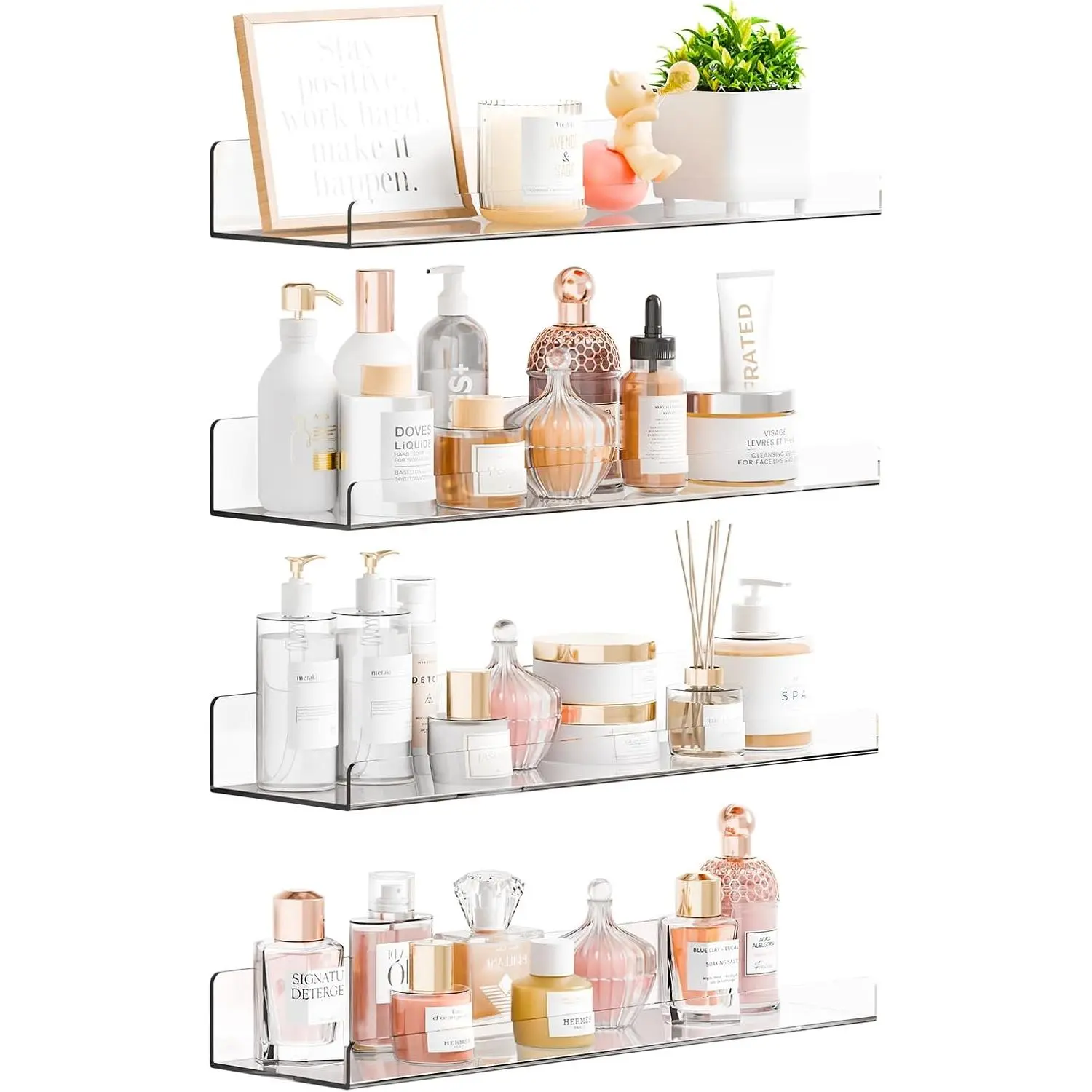 4 Pack 15" Acrylic Shelves for Wall,Bathroom,Bedroom - with Adhesive - No Drilling Clear Floating Shelves for Funko Pop,Lego,Action Figures,Nail Polish,Perfume Shelf and Wall Storage & Display