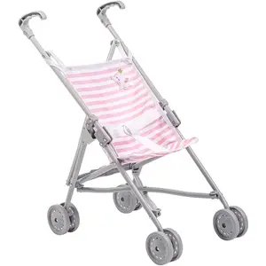 Folding Umbrella Doll Stroller for Children 2 Years Plus, Pink Stripes and Soft Embroidery | Sturdy Metal Frame | Pretend Play with Dolls up to 18” Long | Seat Belt