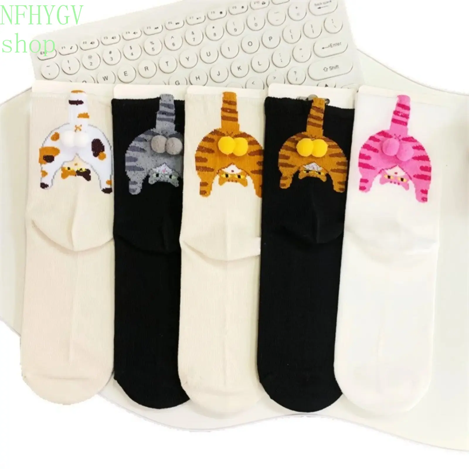 5 Pcs Funny Cat Butt Ball Pattern Knee High Socks For Women, Cute Novelty Daily Wear Socks, Unique Funny Present Gift For Best Friends