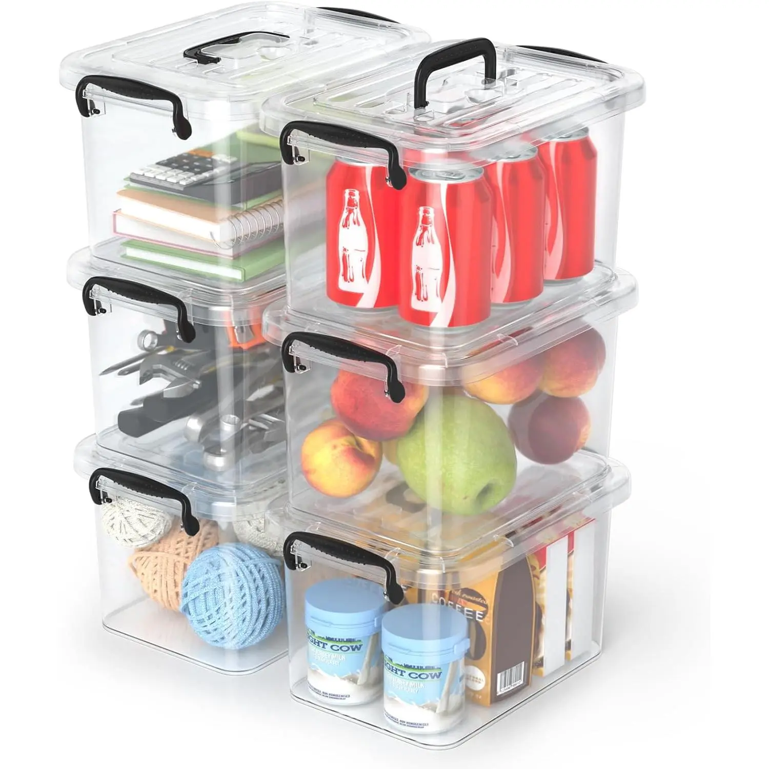 Plastic Storage Containers with Lids - 6 Pack 6 Quart Clear Storage Bins with Lids, Stackable Storage Containers for Organizing, Small Plastic Storage Box with Lid, Black Handle and Latches