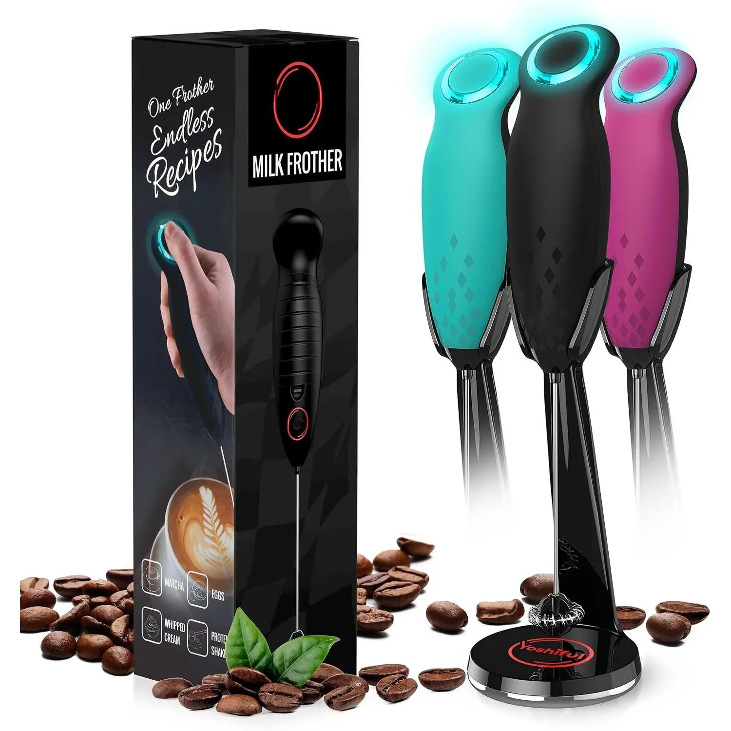 Milk Frother for Coffee with Deluxe Stand - Coffee Frother Handheld  Maker for Lattes - Turbine Whisk Drink Mixer Handheld - Frother Wand Stirrers Electric for Cappuccino, Matcha (Black)
