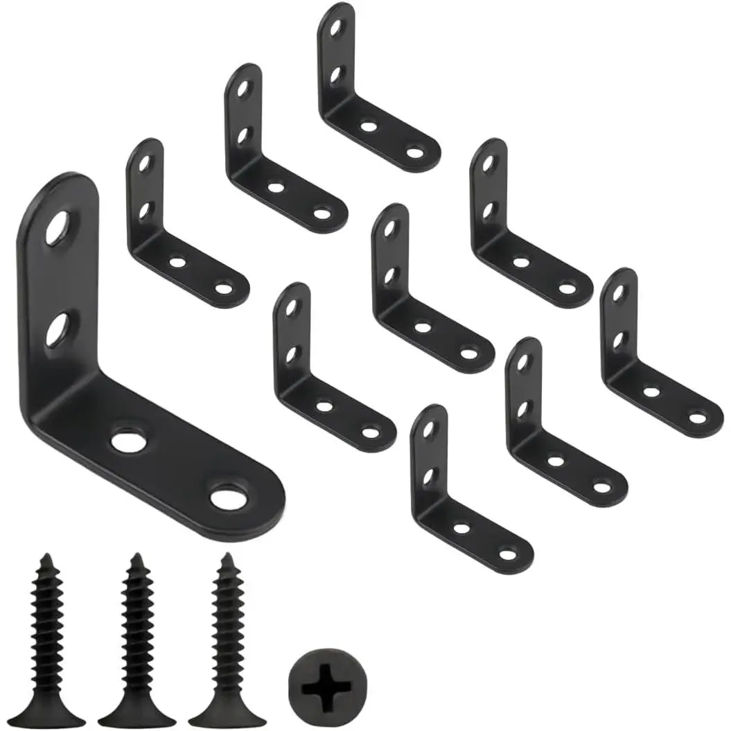 10 count L Bracket & Corner Brace, 2 Inch Stainless Steel, Black, with 40 Screws