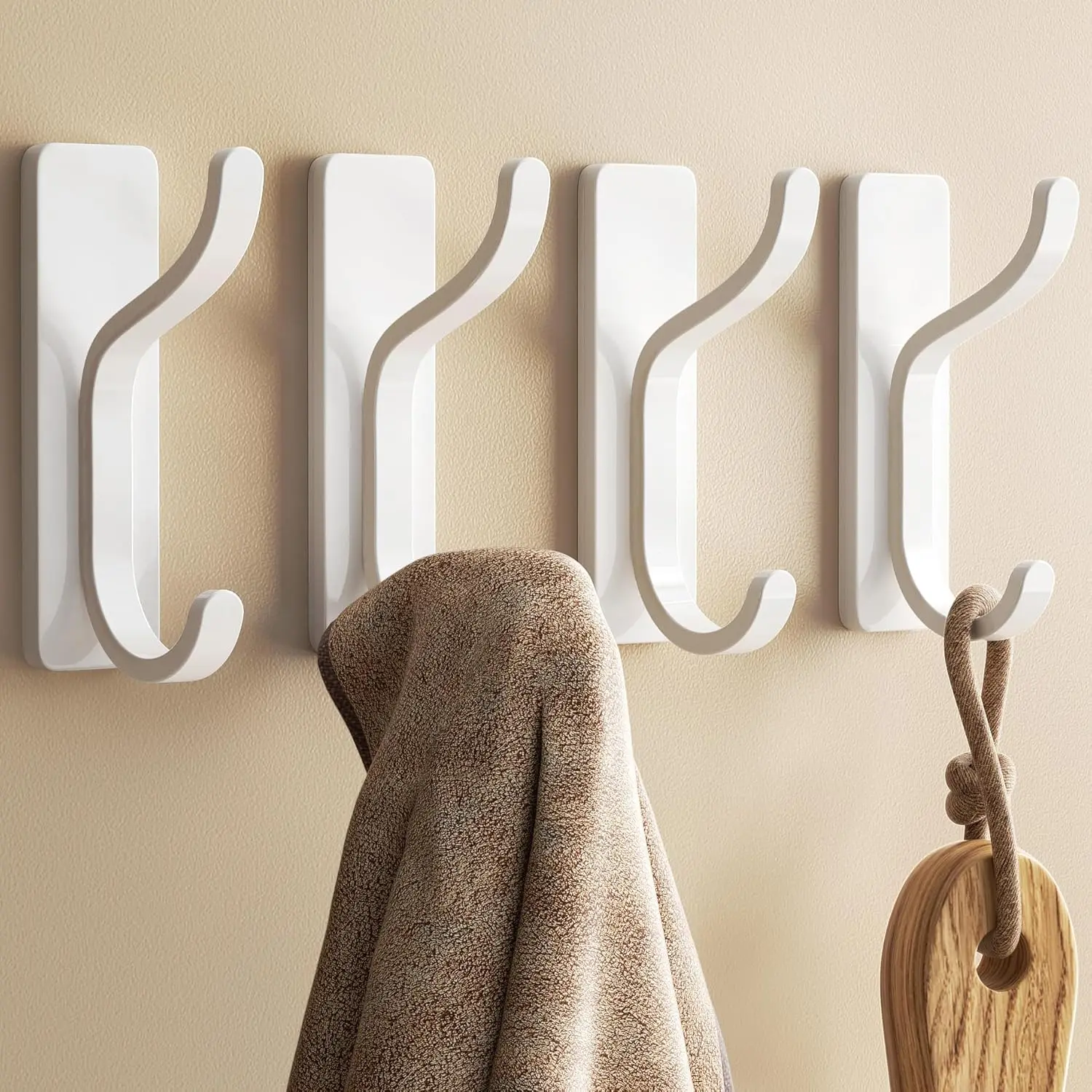 Adhesive Wall Coat Hooks - Heavy Duty Stick-On Door Hanger, Metal Hook for Hanging Towel,Purse, Robe, Backpack, Jacket, Clothes - for Bathroom,Dorm, Closet, Kitchen - White, 4 Pack