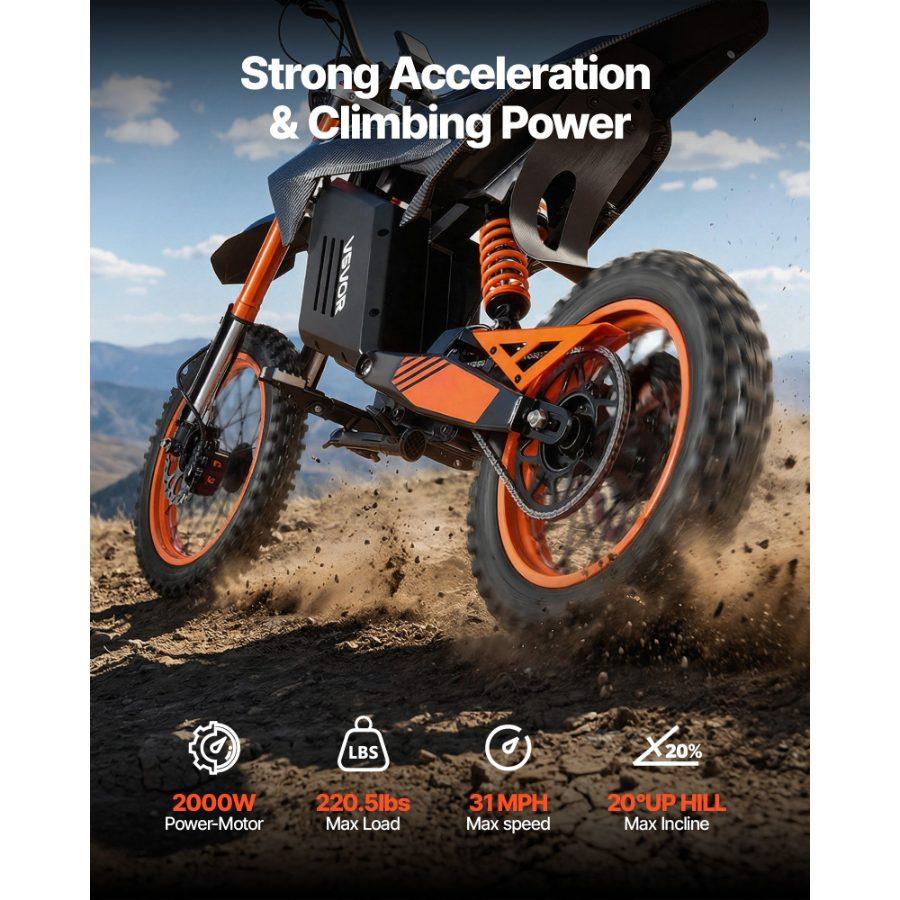 VEVOR Electric Dirt Bike for Teens Adults, 2000W Motor, 31 MPH Speed, 31 Miles Max Range, 48V 22.5Ah Battery, Off-Road Motorcycle with Light, Display, Dual Suspension Hydraulic Brakes for Age 14+