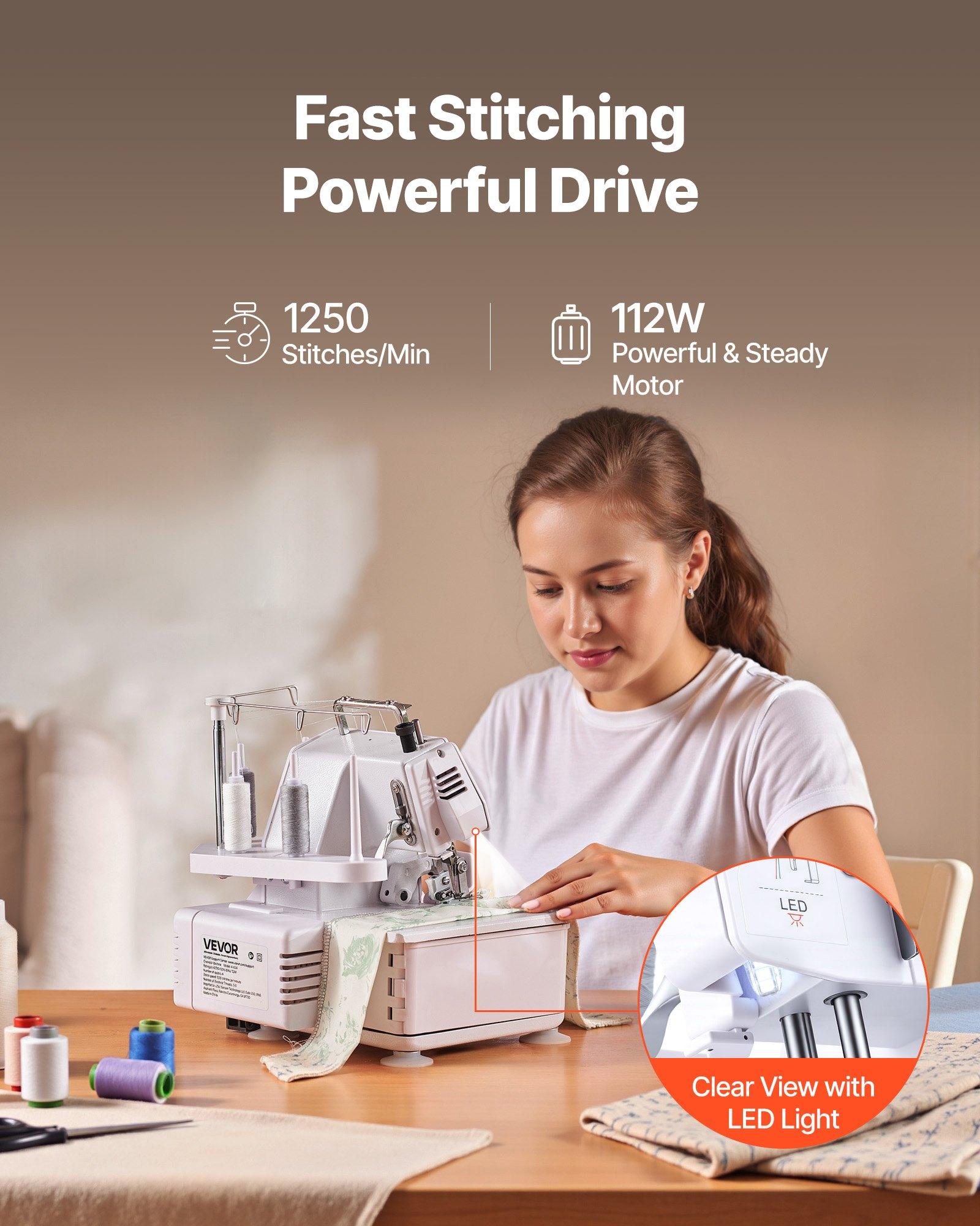VEVOR Serger Overlock Sewing Machine, 1250 Stitches Per Minute, 3 and 4 Thread Capability, with LED Light and Strong Suction Feet, Heavy-Duty Metal Frame Sewing Machine for Various Fabrics, White VEVOR Serger Overlock Sewing Machine, 1250 Stitches Per Minute, 3 and 4 Thread Capability, with LED Light and Strong Suction Feet, Heavy-Duty Metal Frame Sewing Machine for Various Fabrics, White