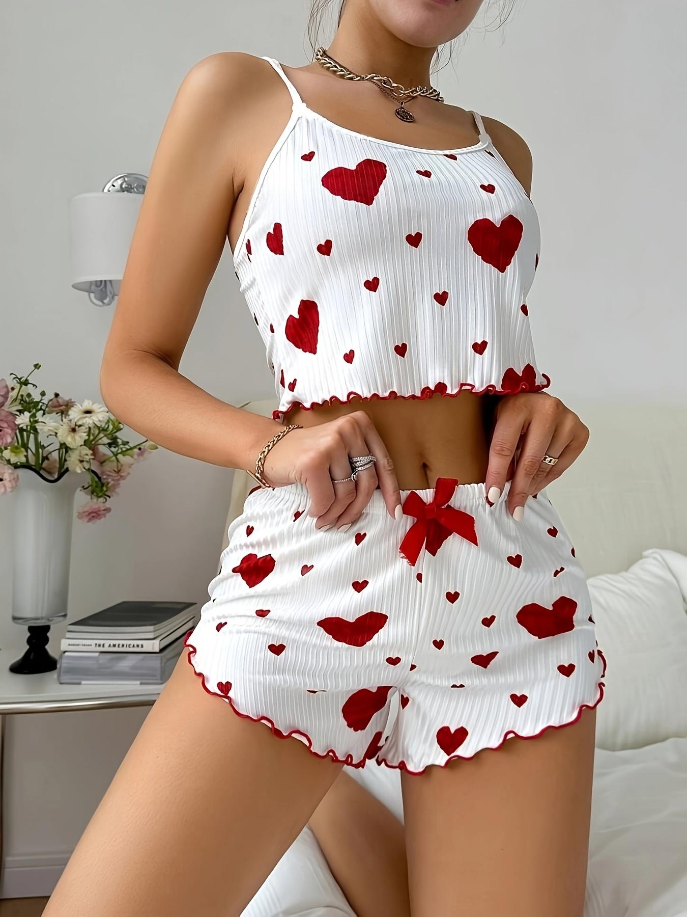 Casual Sleepwear Sets, Heart-Shaped Printed, Spaghetti Strap, Ruffle, Short Sets, Polyester 95% Elastane 5%, 180g/m², for Valentine'S Day Gift,  All-Season
