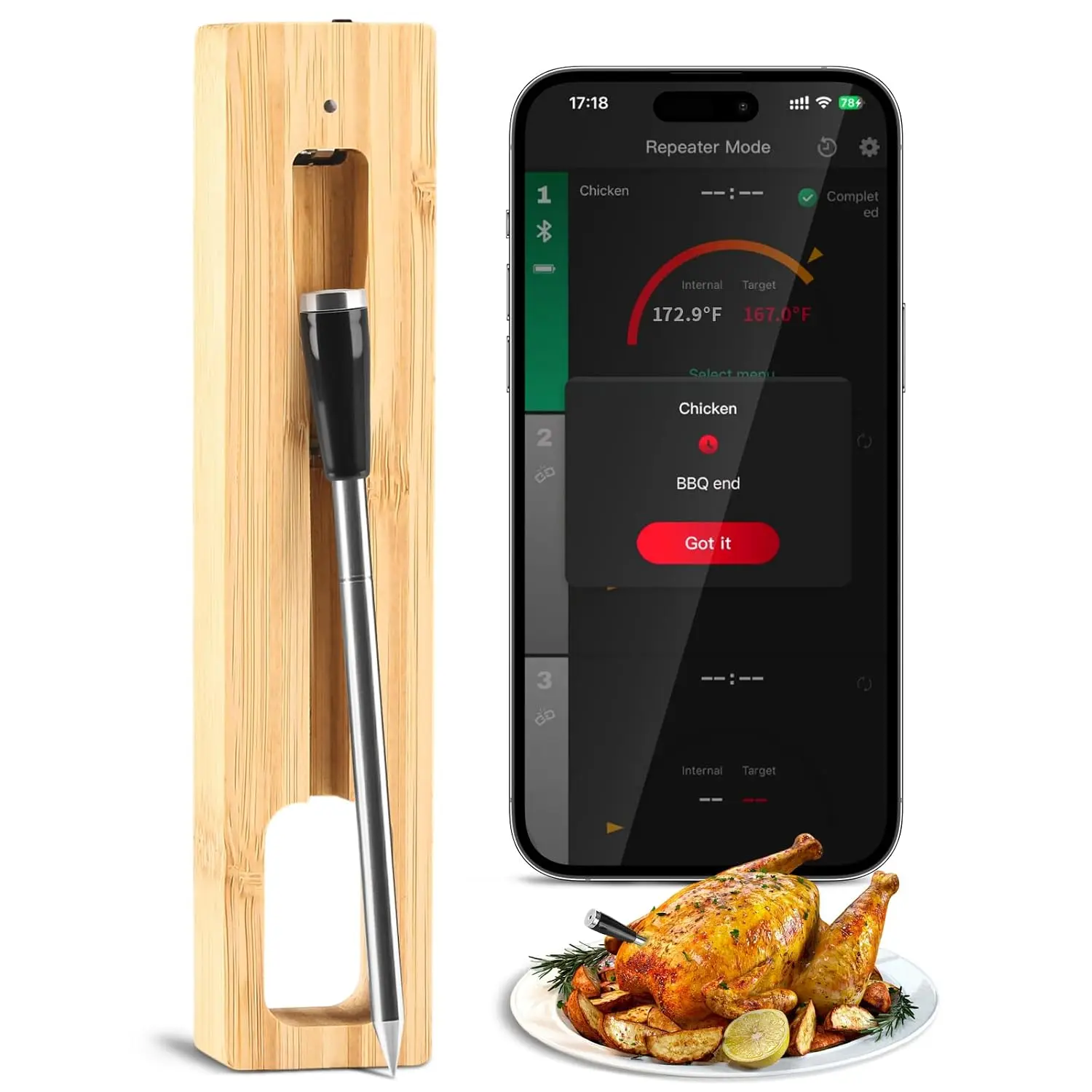 Meat Thermometer with Probe, App Connected Digital BBQ Thermometer,  Probe, Long Range Real-Time  for Grill, Oven, , Steak, Chicken & Turkey