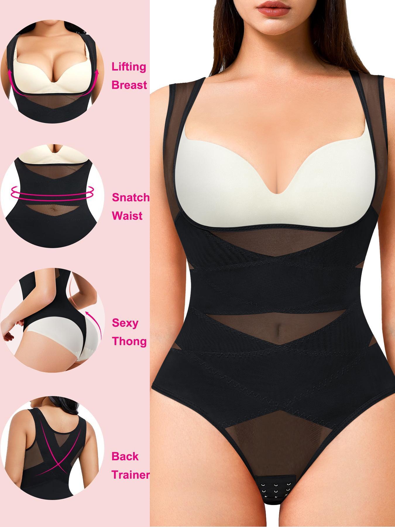 Women's Solid Color Hook-Eye Crotch Design Shapewear Bodysuit, Tummy Control High Stretch Shaper, Women's Shapewear for Daily Wear, Body Sculpting Compression