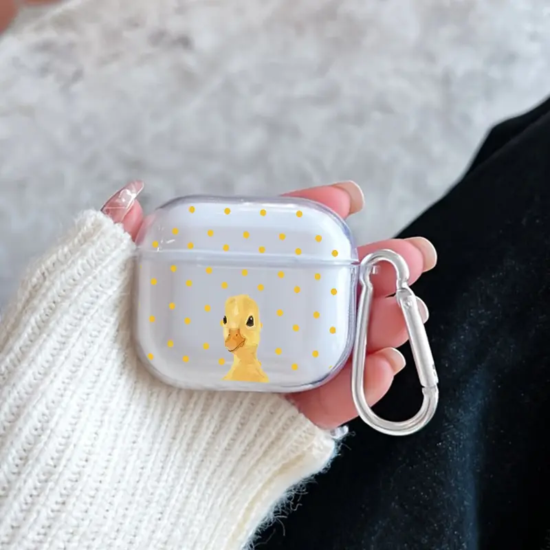 Duck with Dots Pattern TPU Soft Protective Case for Apple AirPods 4/3/2/1/Pro/Pro2 Transparent Earphone Cover with Keychain Attachment