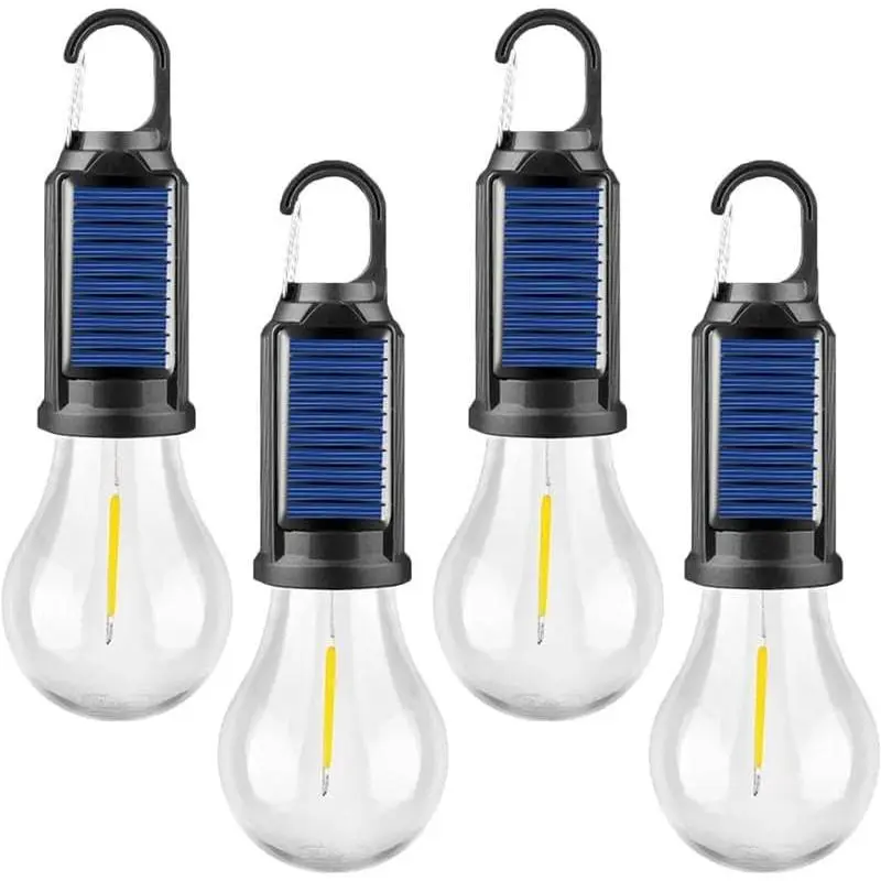 GMOX 4-Pack Solar Camping Lights, ABS Plastic Rechargeable Hanging Tent Lanterns with Dual Charge, Hanging Hook, IPX4 Waterproof Portable Size LED Lights for Camping, Emergency Use