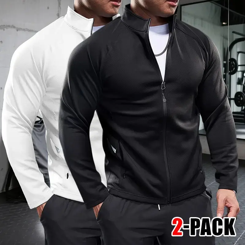 Men’s Athletic Jackets (2-Pack & 1-Pack Options) - Stand Collar, Full Zip, Slim Fit, Polyester, Breathable Mesh, Zipper Side Pockets, Male Clothing Workout Gear for Weightlifting, Autumn Fitness, Cold Wash Compatible