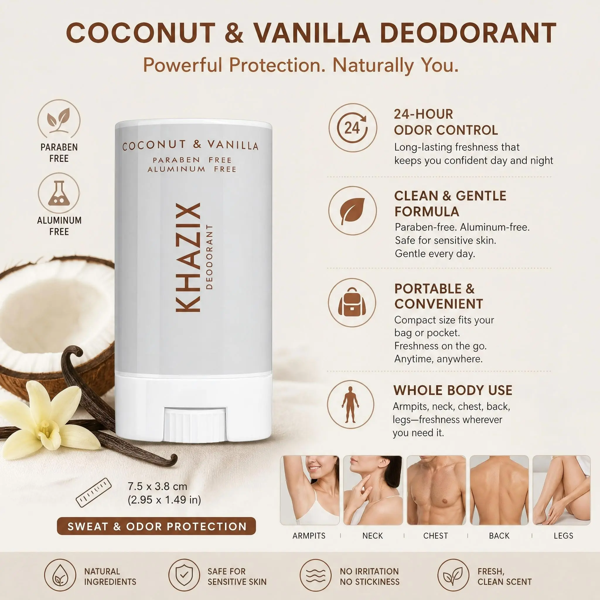 Natural Coconut Vanilla Deodorant for Women & Men | Aluminum Free | 24H Sweat & Odor Defense | Gentle for Sensitive Skin | Gym Travel Daily Use 20g