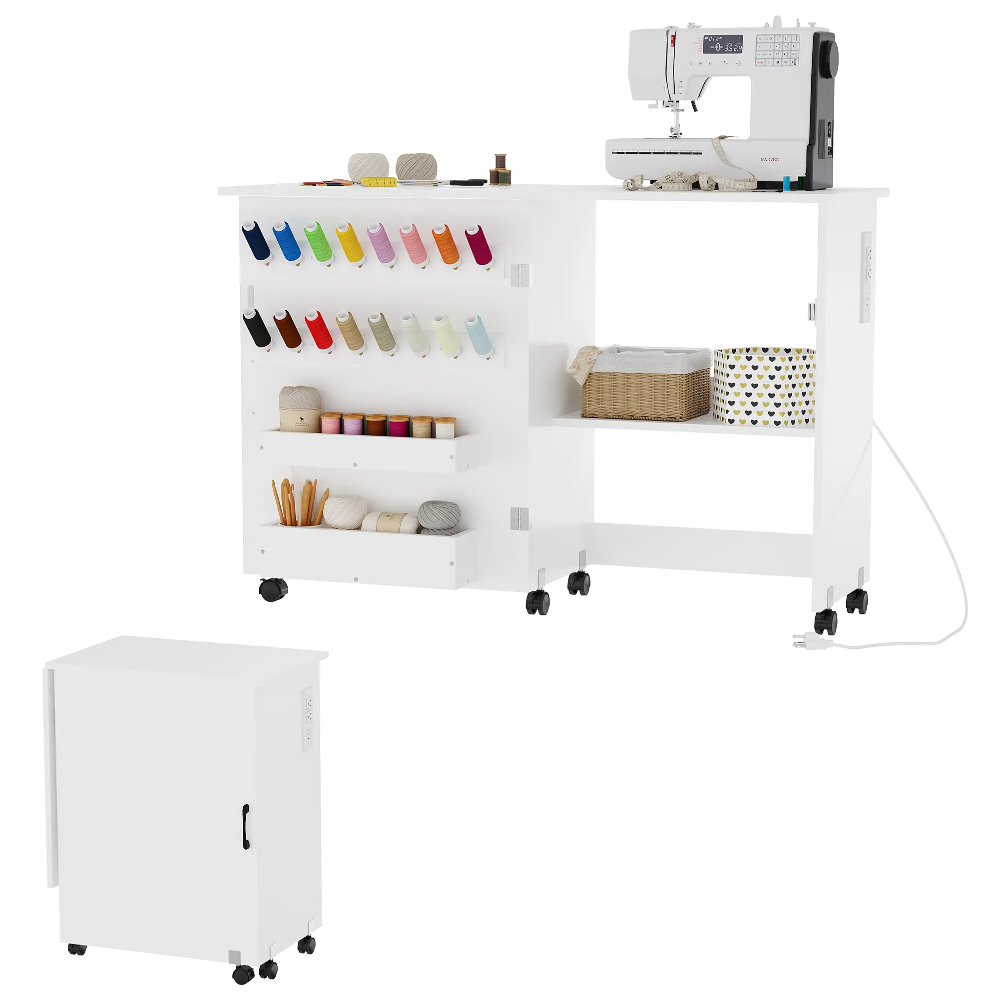 Collapsible Sewing & Craft Table with Charging Station - Lockable Wheels, Storage Trays, Shelf, Pegs, Magnetic Locks - Space-Saving Sewing Cabinet Desk with USB Type-C, Mobile Craft Station, Side Bins