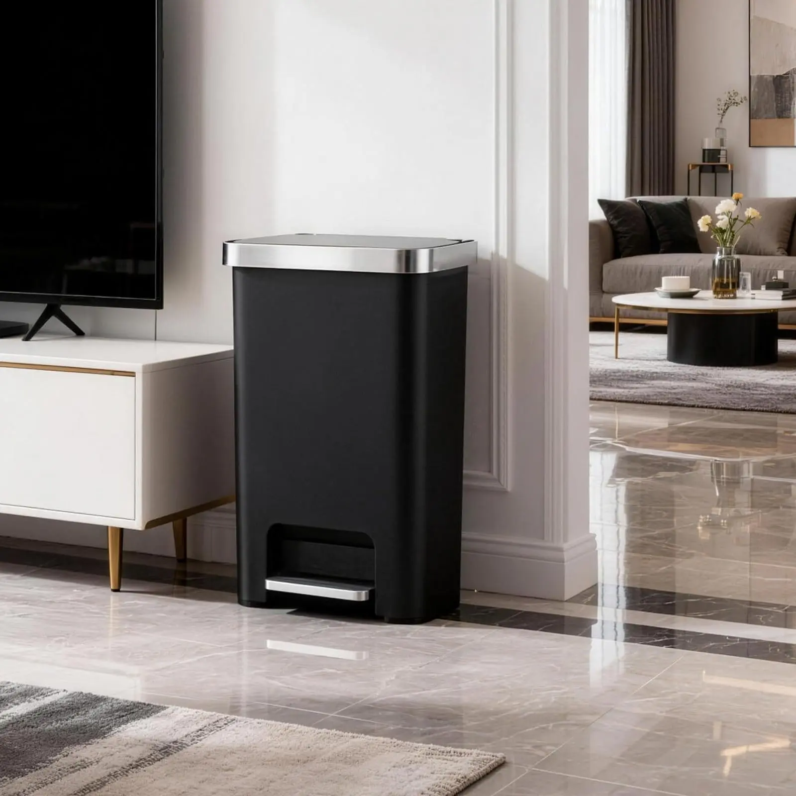 Gaomon Stainless Steel Hybrid Kitchen Trash Can, 51L/14gal Rectangular Step-Pedal Garbage Can with Silent-Close Plastic Lid, Liner Rim System, and Liner Pocket