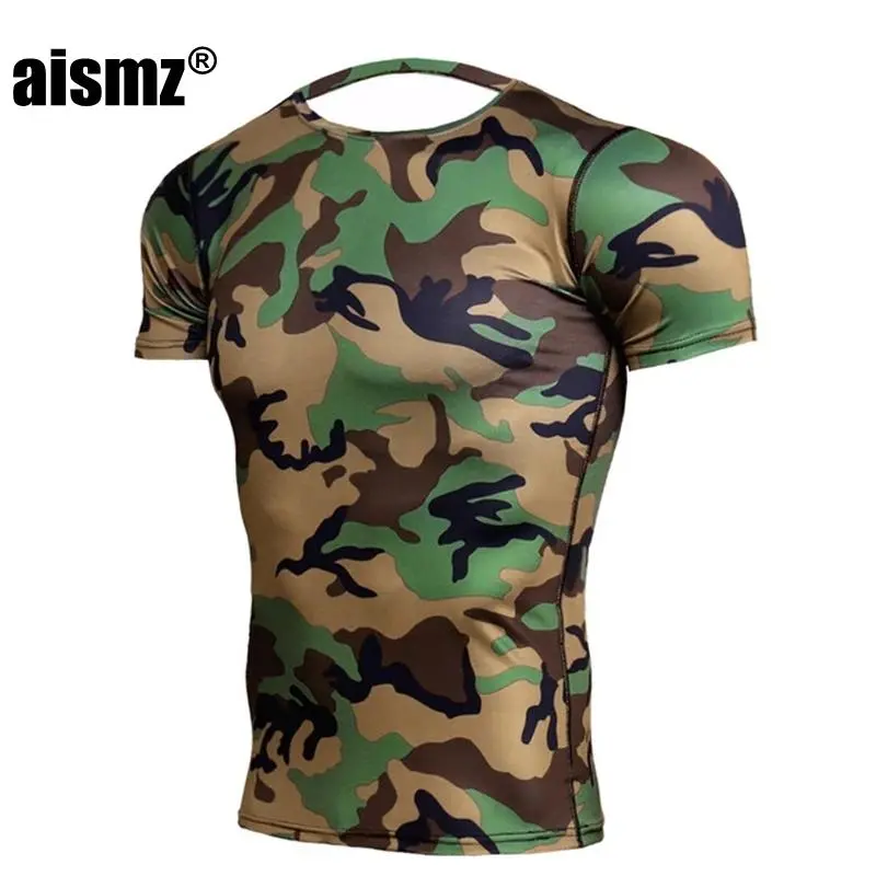 2026 new hot item Aismz Army Green Camo T Shirts Men Fitness Compression Shirts Short Sleeve T-Shirt Bodybuilding Camiseta Rashguard Tees Tights