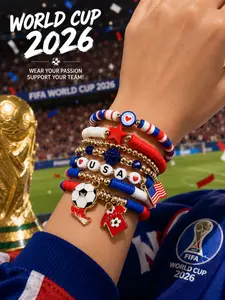 Fifa World Cup Inspired Football Fan Bracelet, Beaded Stretch Bracelet with Soccer Charms, Match Day Accessories Gift