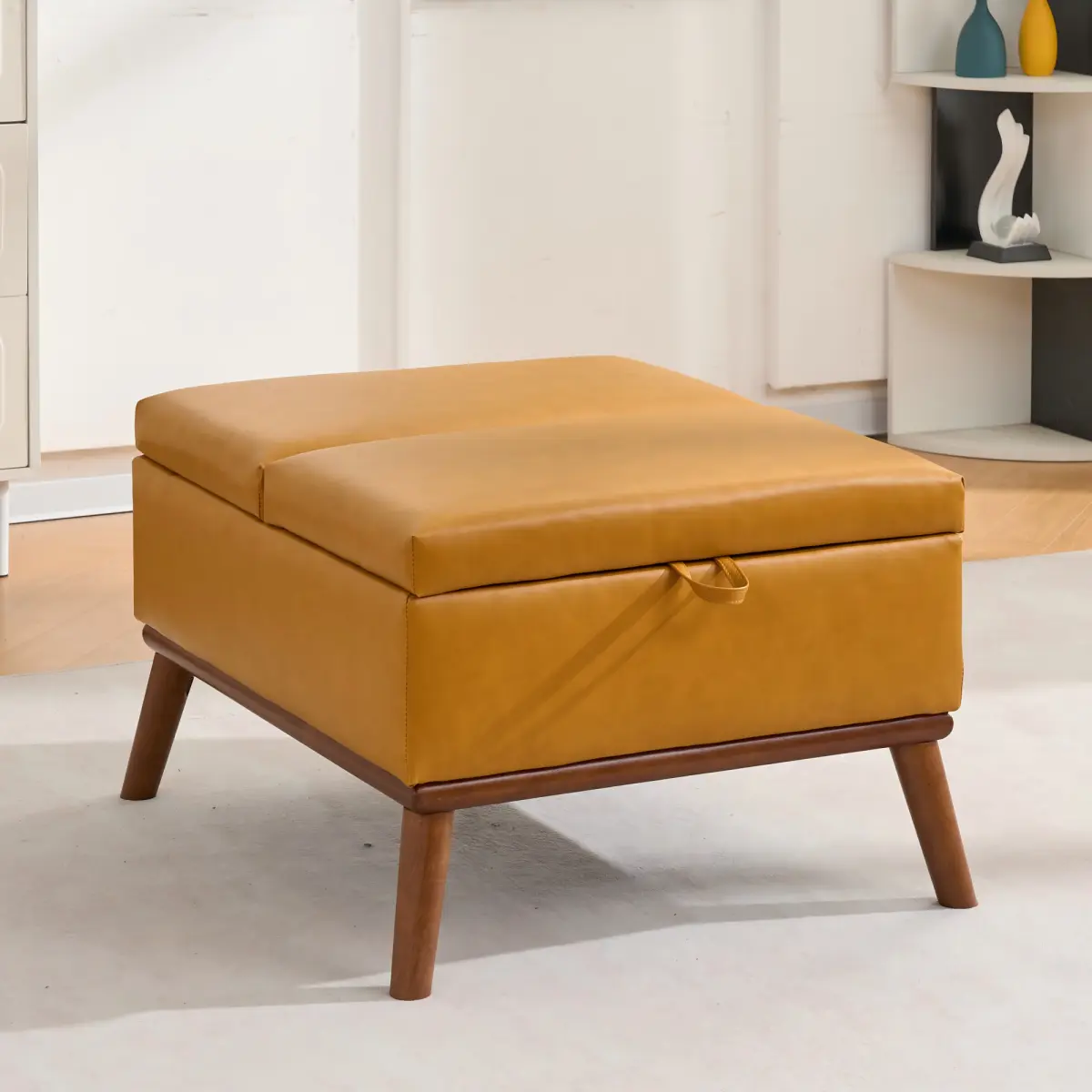 31" Large Ottoman with Storage, PU Leather Square Ottoman Coffee Table with with Lift Top & High Wood Legs, Upholstered Footstool Seat for Living Room, Couch (Orange, PU Leather)