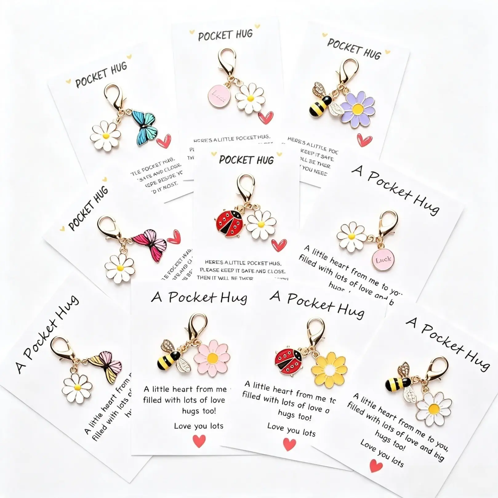 10-Piece Unisex Resin Insect-Daisy Charm Pocket Hug Keychain Favors with Sentimental Note Cards, Sentimental Appreciation Gifts for Coworkers (Appreciation Day Suitable)