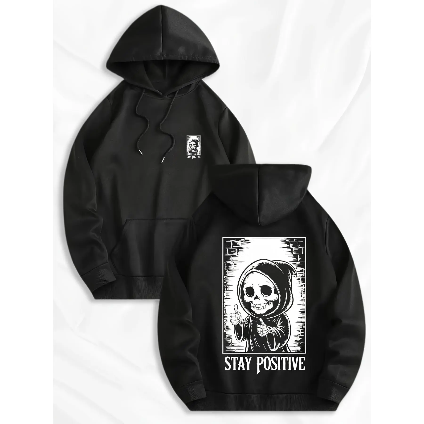 Grim Reaper Giving Thumbs Up And Stay Positive Text Theme Fashion Hoodie Men'S Hoodie High Quality Thick Premium Sweatshirt Autumn Winter Wear for Casual Outings Gift for Friends Who Love Dark Humor